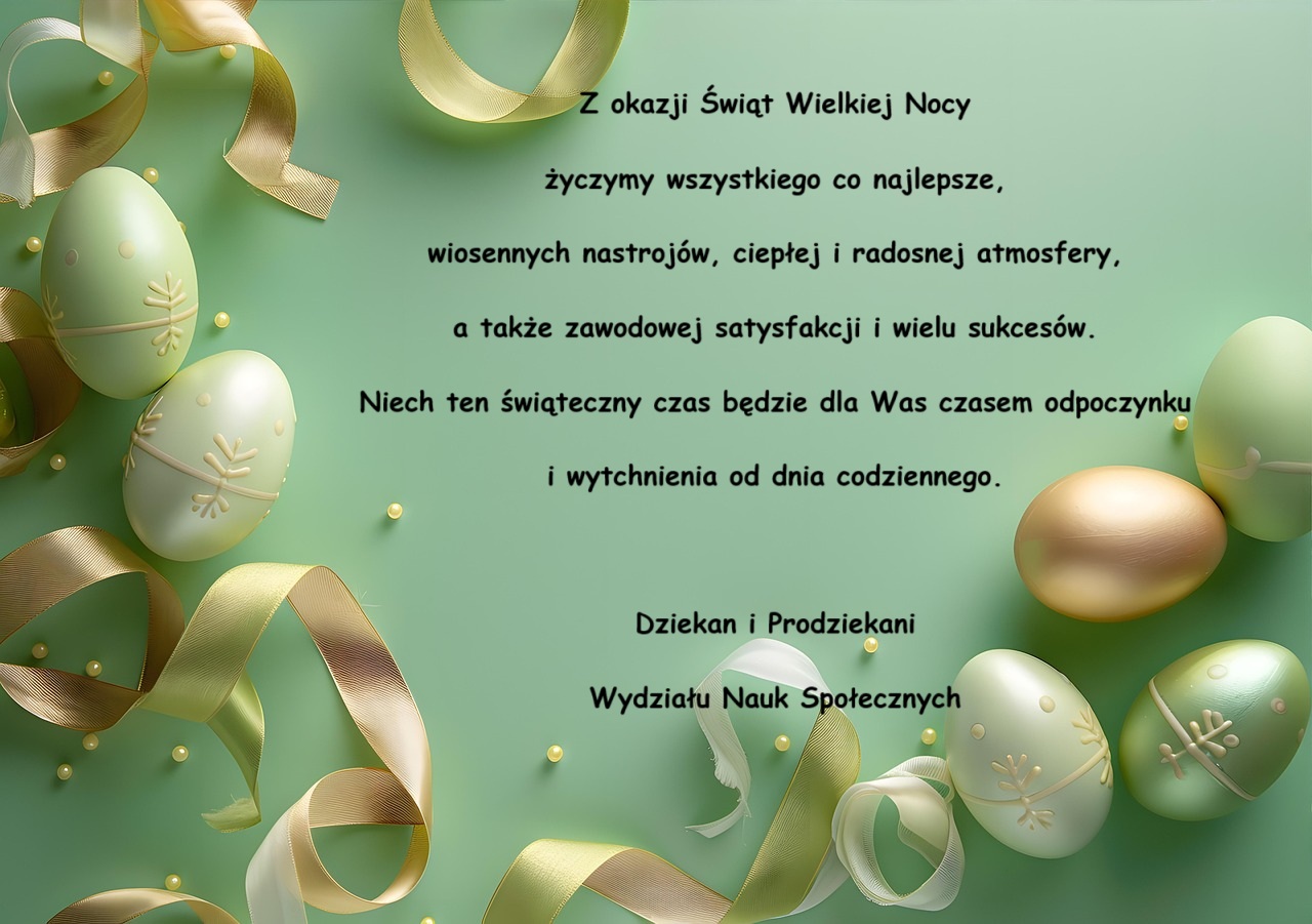 Zielone, złote i srebrne jajka, złote wstążki na zielonym tle 
